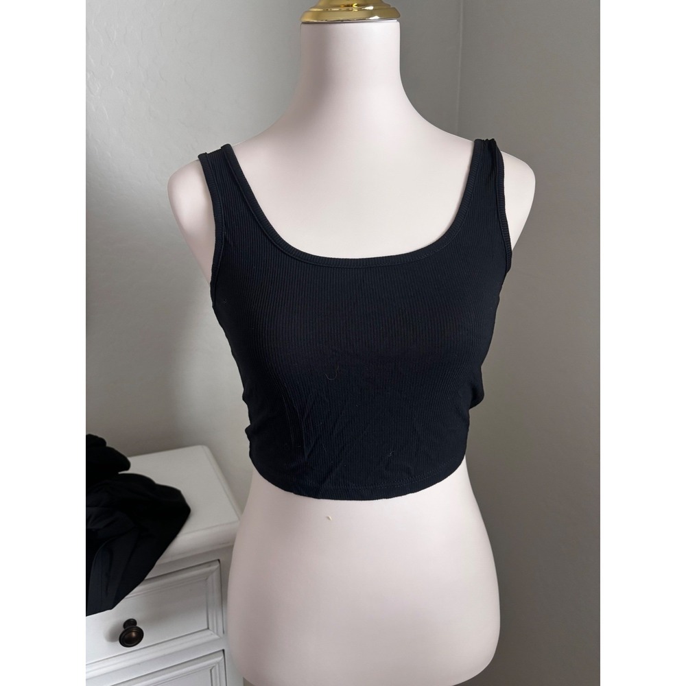 Black Ribbed Scoop Neck Crop Tank Top Sleeveless Minimalist Basic Small